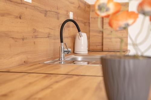 a kitchen counter with a sink and a cup at City Gate Apartment in Ohrid