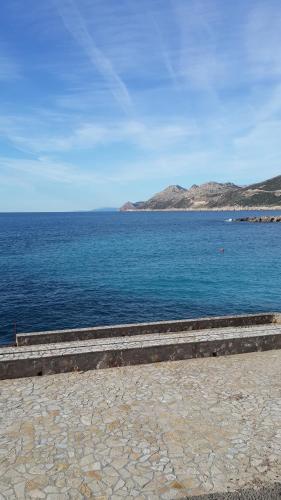 a large body of blue water with mountains in the background at Dobra Voda YSV in Dobra Voda