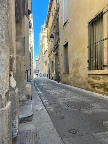 une rue vide dans une ruelle entre deux bâtiments dans l'établissement N°5 - Appartement avec jardin au cœur de l'hypercentre, à Arles