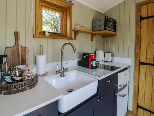 cocina con fregadero y microondas en Llethr - Shepherds Hut en Llanbedr