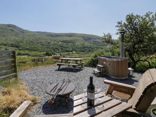 a picnic table and a grill with a bottle of wine at Llethr - Shepherds Hut in Llanbedr