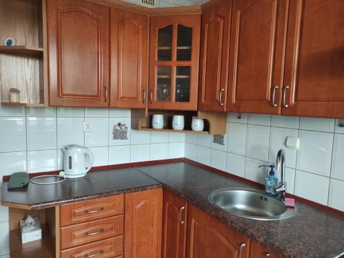 a kitchen with wooden cabinets and a sink at Apartament Jagiełły 14 in Giżycko