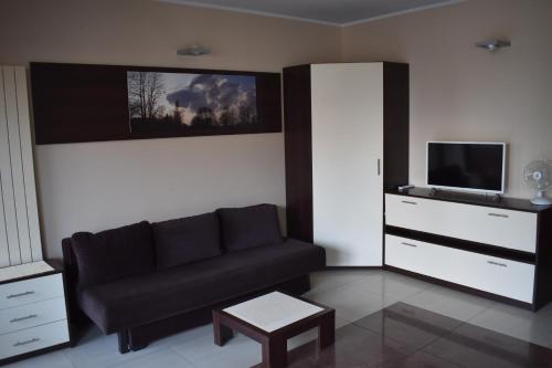 a living room with a black couch and a tv at Apartament Wictor Międzyzdroje in Międzyzdroje