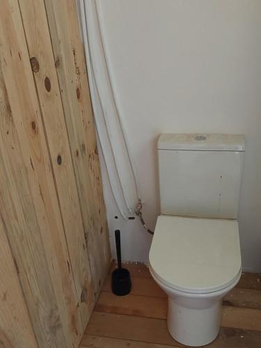 een badkamer met een toilet en een houten deur bij COMPORTA Side Tends in Setúbal