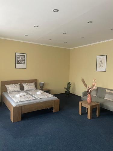 1 dormitorio con cama, sofá y mesa en Rubin Apartments, en Gheorgheni
