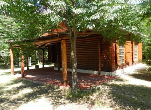 una cabaña de madera con un árbol delante en Casas de Campo Famailla en Nono