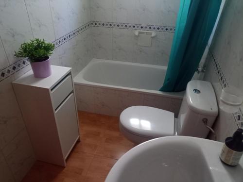 La salle de bains est pourvue d'une baignoire, de toilettes et d'un lavabo. dans l'établissement Apartamento avenida, à Elche de la Sierra