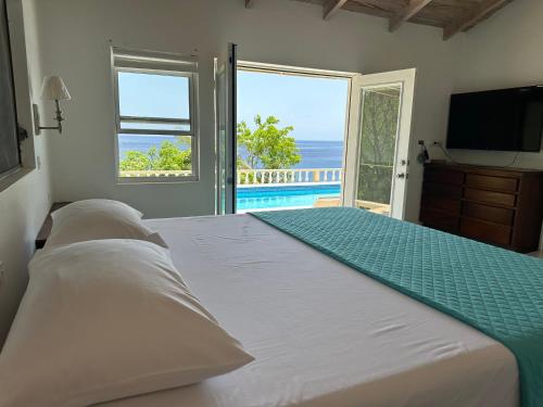 Woodlands的住宿－Oceanfront 3 bedrooms, 4beds, AC, WiFi, luxury villa，一间卧室设有一张大床,享有海景