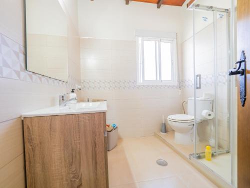a bathroom with a sink and a toilet and a mirror at Cubo's Finca Fernando in Coín