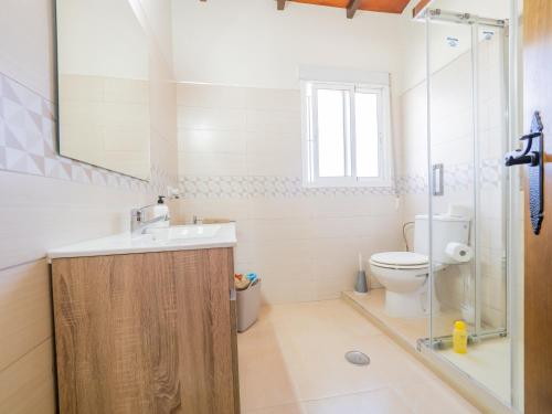 łazienka z umywalką, toaletą i lustrem w obiekcie Cubo's Finca Fernando w mieście Coín