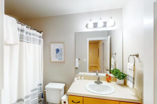 La salle de bains est pourvue d'un lavabo, de toilettes et d'un miroir. dans l'établissement Windsong Wander, à Cascade Locks