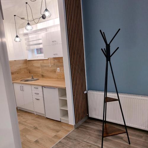 a kitchen with a stand in the corner of a room at Apartament przy Białym Koniu in Koszalin