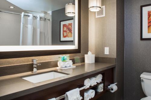 a bathroom with a sink and a mirror and a toilet at Holiday Inn Express Redwood City Central, an IHG Hotel in Redwood City