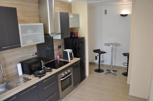 une cuisine avec un évier et une cuisinière four supérieur dans l'établissement Appartement Reims près des maisons de champagne, à Reims