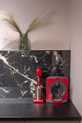 a red coffee maker on a counter with a vase at Maison 4 Seasons in Kalamata