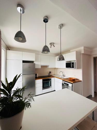 une cuisine avec des armoires blanches et une table avec une plante en pot dans l'établissement Le soulier de notre dame, à Marseille