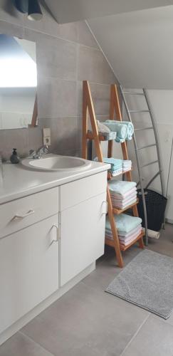uma casa de banho branca com um lavatório e uma escada em Logeren in Aldeneik em Maaseik