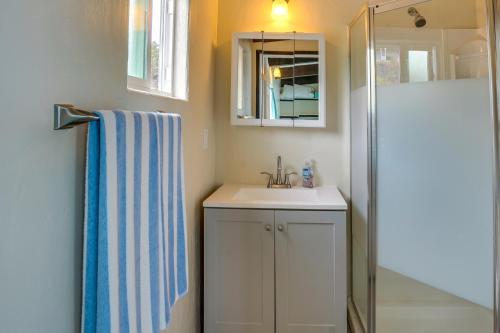 a bathroom with a sink and a shower at Captain Cook Bungalow with Panoramic Ocean Views! in Papa Bay Estates