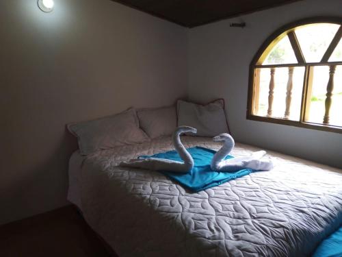 Cucaita的住宿－MI CABAÑA DE DESCANSO，一间卧室配有一张带两个天鹅的床
