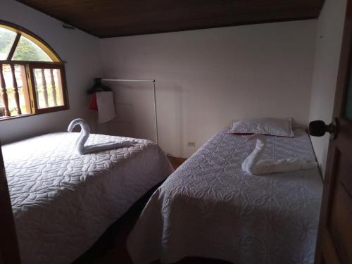 Cucaita的住宿－MI CABAÑA DE DESCANSO，一间卧室设有两张床和窗户。
