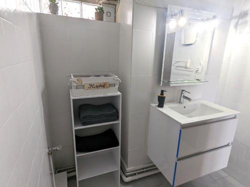 małą białą łazienkę z umywalką i umywalką w obiekcie Le Saint Jean Cosy et Confort w mieście Villefranche-de-Conflent
