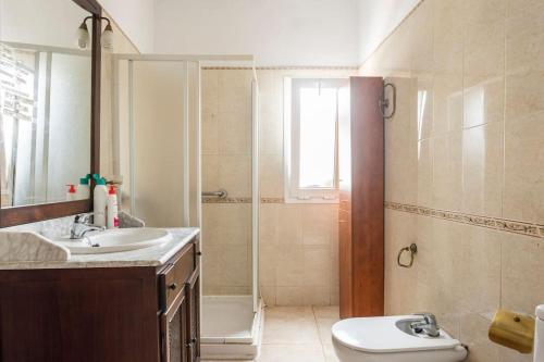 a bathroom with a shower and a sink and a toilet at Casa Rural Teresita Entera Tranquila Llena de Bienestar in Güimar