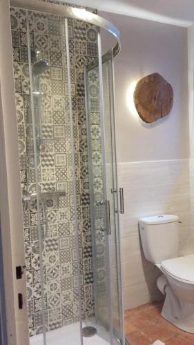 La salle de bains est pourvue d'une cabine de douche et de toilettes. dans l'établissement Le Gite du Petit Renard: A Tranquil Gite with pool, à Oradour-Saint-Genest