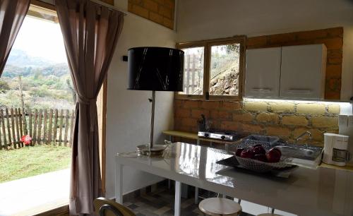 cocina con encimera con fregadero y ventana en El Encino Cabin in Real del Monte en Mineral del Monte
