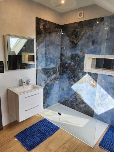 a bathroom with a shower and a sink at Blue Door Apartment Loft in Augustów