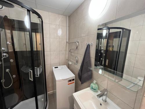 a bathroom with a shower and a sink at Lovely and cozy apartment in central Tartu in Tartu