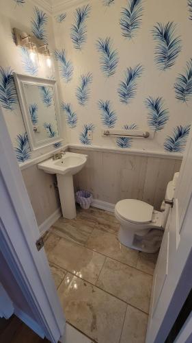 a bathroom with a toilet and a sink and a mirror at 8018 Beach Rd, Semi-Oceanfront, Pool/Hot Tub in Nags Head