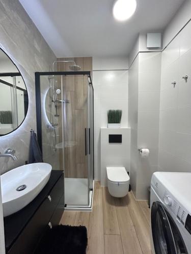 a bathroom with a sink and a toilet and a shower at Apartament w Ustroniu Morskim Słoneczne Apartamenty in Ustronie Morskie