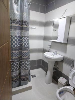 a bathroom with a sink and a shower curtain at Vila Snezana in Gevgelija