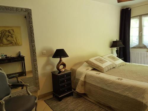 a bedroom with a bed and a mirror and a chair at Le jardin de Saint Jean in Saint-Jean-aux-Bois
