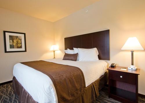 a hotel room with a large bed and two lamps at Cobblestone Inn & Suites - Boone in Boone