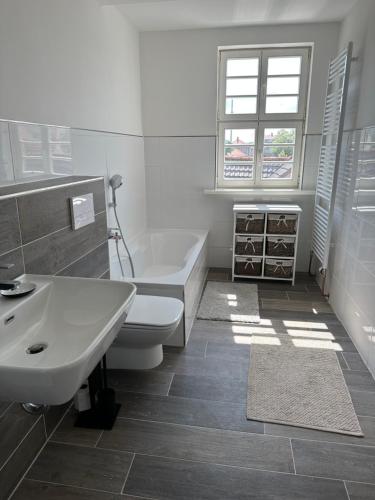 a bathroom with a sink and a tub and a toilet at Appartements im Katzensteinhaus in Rotenburg an der Fulda