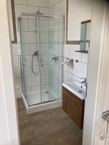 a bathroom with a shower and a sink at P7 gemütliche Ferienwohnung 