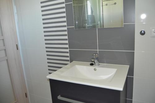a bathroom with a white sink and a mirror at Penzion Bez Modrého Páva in Štramberk