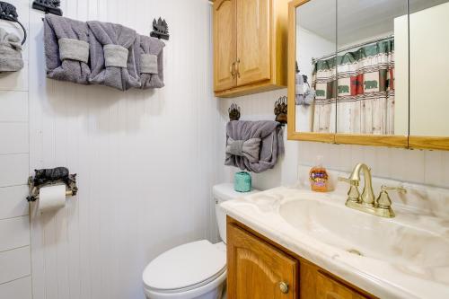 a bathroom with a toilet and a sink and a mirror at Gatlinburg Home Mountain Views and Indoor Hot Tub! in Gatlinburg