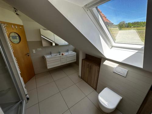 a bathroom with a toilet and a skylight at Ferienwohnung zum Lösershag in Wildflecken