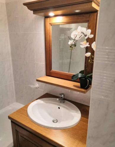 La salle de bains est pourvue d'un lavabo, d'un miroir et d'un vase de fleurs. dans l'établissement Orcières Merlette appartement T2 à 50m des pistes-4 personnes-Chalet d’Orcières- été et hiver, à Orcières