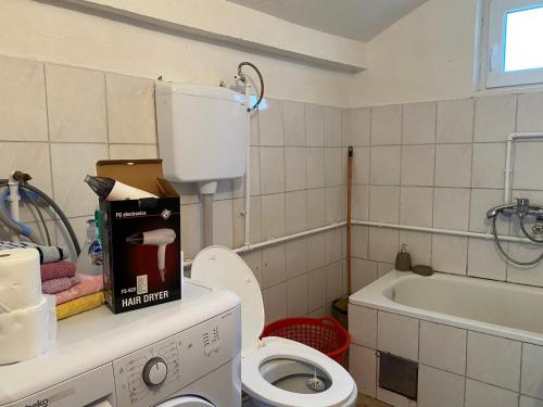 a small bathroom with a toilet and a bath tub at Seosko Domaćinstvo Vulević in Andrijevica