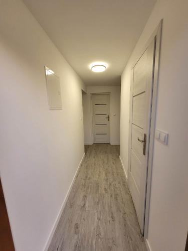 einen leeren Flur mit Tür und Holzböden in der Unterkunft Apartament Kasztanowa 2 in Mosty