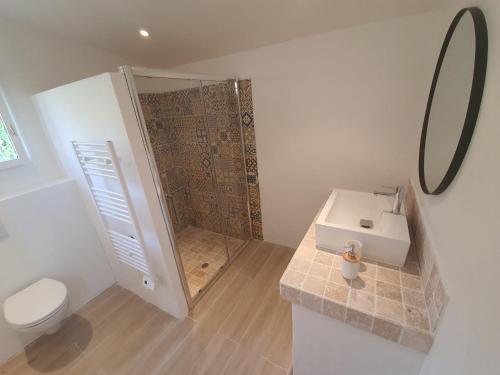 une salle de bain avec une douche, des toilettes et un lavabo dans l'établissement La Villa Émeraude, à Flayosc