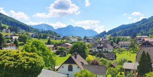 a village in a valley with mountains in the background at Ferienwohnung Brunnkogelblick in Neukirchen