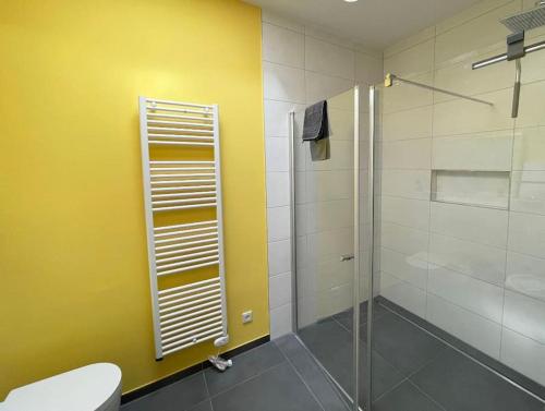 a bathroom with a glass shower and a toilet at ZeiTraum Oberwiehl - Wohnen im Penthouse in Wiehl