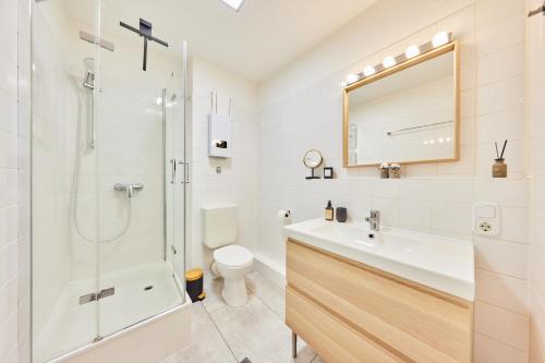 a bathroom with a shower toilet and a sink at STUDIO3 zentral und ruhig mit Parkplatz, 5 min z Bali-T und GOP, Boxspringbett in Bad Oeynhausen