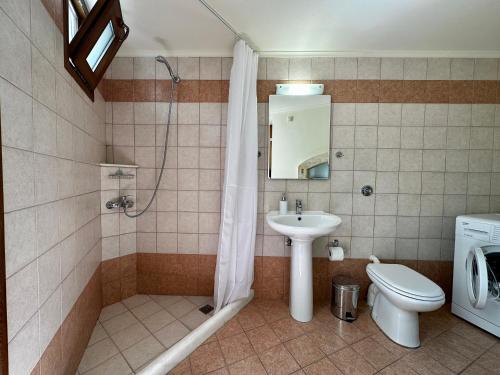 ein Bad mit einem Waschbecken, einem WC und einer Dusche in der Unterkunft Maisonette Nineta in Iraklio