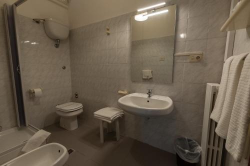 a bathroom with a sink and a toilet and a mirror at Hotel Orsini in Caramanico Terme