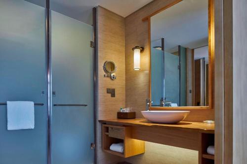 a bathroom with a sink and a large mirror at Four Points by Sheraton Chengdu, Pujiang Resort in Pujiang